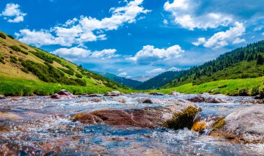 Dağlarda yaz. Dağlık arazide bir nehir. Yaz manzarası. Binlerce yorgun, sinirli, aşırı medeni insan, dağlara gitmenin eve gitmek demek olduğunu anlamaya başlıyor..