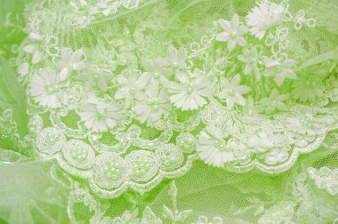 Açık yeşil arkaplan desenli eski dantel ve safir çizgilerin soyut desenli ve kartpostallarda kullanıma uygun desenli dantelli arkaplan.