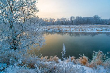 Şafakta donmuş bir nehrin sihrini hissedin. Garip bir kış harikalar diyarı canlanıyor. Altın güneş, donmuş araziye sıcaklık katar..