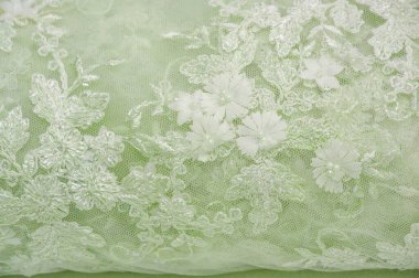 Açık yeşil arkaplan desenli eski dantel ve safir çizgilerin soyut desenli ve kartpostallarda kullanıma uygun desenli dantelli arkaplan.