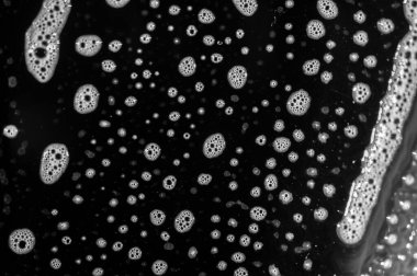 Sabun köpükleri yüzeyde kabarcıklı bir doku oluşturur. Deterjan tabakta parlak bir kalıntı bırakıyor. Siyah plaka, beyaz sabun köpüğü ve deterjan arasında bir kontrast oluşturuyor..