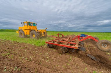 Bahar fotoğrafçılığı, ziraat makineleriyle manzara, bir traktör tarlayı sürüyor, tarlayı sürüyor, kuşlar ekilebilir arazinin üzerinde uçuyor.