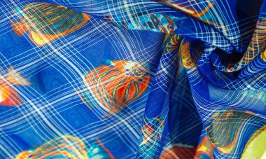 Lacivert ipek kumaş, mercan resifi balığı, deniz teması. Çocuk sanatı. arkaplan, doku, desen