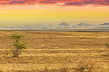 Steppe, Prairie, sade, pampa. Kurak çölün kalbinde nefes kesici bir sahne: Parlayan güneş ufkun altında yavaşça erir. Çöl Parıltısı