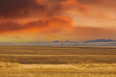 Steppe, Prairie, sade, pampa. Işıktan ve gölgeden oluşan nefes kesici bir dans, çöl manzarasını saf büyüyle doldurur. Doğa Günbatımı Mutluluğu