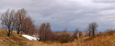 Sarı alanlar kalan karla tezat oluşturuyor. Ağaçlar çıplak, yapraklar yok. Baharın gelişini bekliyorum. Manzara kıştan bahara geçiş duygusunu uyandırıyor..