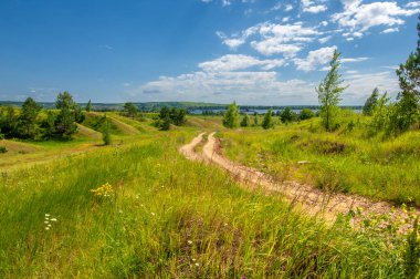 Yaz manzarası, nehir taşkınları, pitoresk kıyılar, kır çiçekli parlak yeşil çimenler, beyaz bulutlu mavi gökyüzü, ılık yaz günleri.,