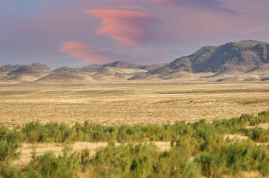 Steppe, Prairie, Majestic dağları sonsuz çöl parçalarıyla karşılaşır ve güneş sıcak altın ışınlarını saçar. Doğa Güzelliği Çöl Manzaraları