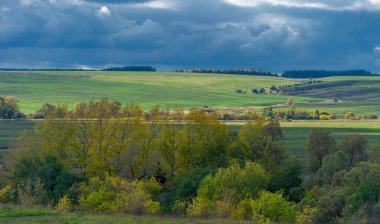 Sonbahar manzara fotoğrafı. Avrupa 'nın düz bitki örtüsü. Çayırlar, vadiler, çalılıklar, açık yaprak döken veya karışık ormanlar. Eylül 'de Meadows