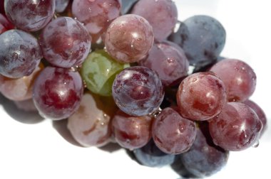 Beyaz zemin üzerinde siyah üzümlerin fotoğrafı sulu ve olgun üzümler şarap üretimi için estetik ve pazarlama amacıyla görsel olarak çekici görüntüler.