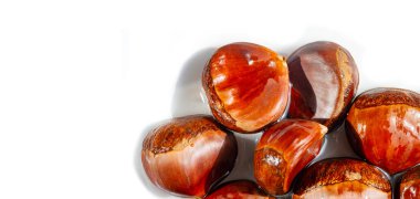 Beyaz arka planda kestane renginde narin kestaneler. İyiliğin sembolü olarak yaratıcı bir şekilde şekillendirilmiş. Kıtır beyaz arka plana sezonluk cazibe yayıyor. Doğa Sanatı