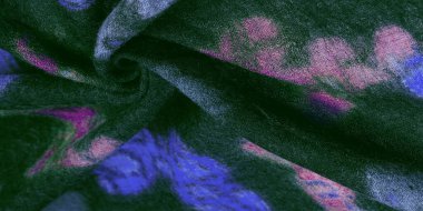 Kelebek desenli yeşil yün kumaş. Yeşil kırmızı mavi. Dekor modern, tekstil sanatı, doku, arkaplan, desen