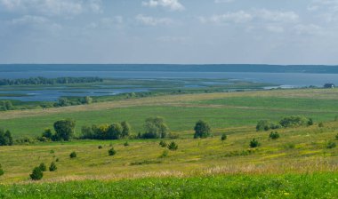 Yaz manzarası. Dünyanın Avrupa bölgesindeki bir nehir. Güneşli sıcak bir gün. Yeşil ağaçlar, çimenler. Mavi gökyüzü küçük bir bulut örtüsüyle.
