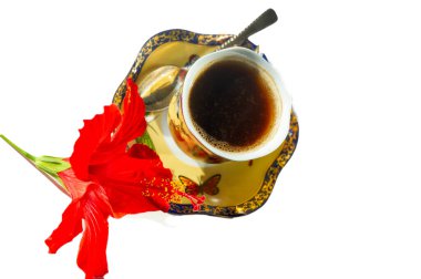 Zarif bir Çin porselen bardağında bir fincan kahvenin tadını çıkar. İçkini yudumlarken amber çiçeğinin güzelliğine hayran ol..