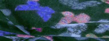 Kelebek desenli yeşil yün kumaş. Yeşil kırmızı mavi. Dekor modern, tekstil sanatı, doku, arkaplan, desen