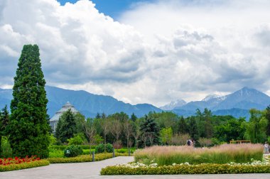Bahçenin yemyeşil yeşilliği arka plandaki görkemli dağlarla mükemmel bir şekilde harmanlanarak sizi yenilenmiş hissettirecek mükemmel bir manzara yaratıyor. 2021 06 10 Kakzakhsan Almatı