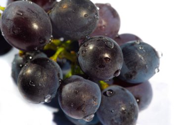 Temiz beyaz arka planda siyah üzümlerle güzel bir zıtlık var. Şarapla ilgili pazarlama materyalleri ya da sosyal medya paylaşımları için ideal bir görüntü. Sulu üzüm dokusu