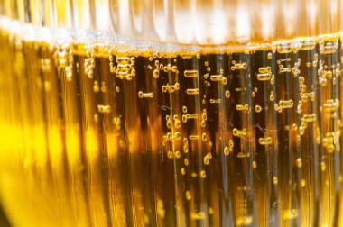 Bir bardak biranın üzerindeki köpüğü gösteren ve altında koyu renkli bir sıvı bulunan yüksek detaylı bir görüntü. Alttaki koyu bira ve açık köpük arasındaki zıtlık iğneye dinamik bir ışık veriyor.