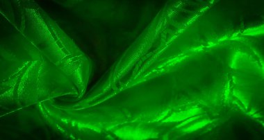 Parlak yeşil bir kumaşın yakın çekimi, narin çiçek desenleri ve hafif yansımalarla geliştirilmiş yumuşak, zengin dokular sergiliyor..