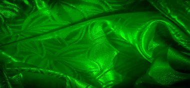 Yumuşak ışıkla aydınlatılmış, zarif, akışkan bir doku yaratan, narin yapraklı bir motif içeren parlak yeşil kumaş..