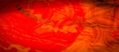 Turuncu, kırmızı, mor ve sarı renkli, kıvrımlı desenli canlı bir kumaşın yakın çekimi. Doku parlaktır ve dinamik, akışkan bir etki yaratır..