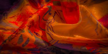 Katmanlı dokular ve derin gölgelerle parıldayan kumaş üzerinde kırmızı, mor ve turuncu soyut desenlerin dinamik bir bileşimi..