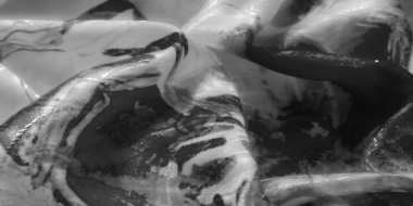 Yumuşak şeffaf bir taban üzerinde soyut siyah desenler ile bükülmüş kumaş ayrıntılı yakın çekim derinlik ve akış.