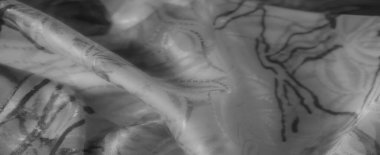 Soyut desenleri ve kıvrımları olan tek renkli bir kumaş, yumuşak, akışkan dokusunu ve dramatik ışıklandırma altında karmaşık ayrıntıları vurguluyor..