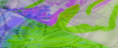 Pürüzsüz kumaş üzerinde yeşil, mor ve açık mavi soyut desenlerden oluşan canlı bir yakın plan. Kumaş karmaşık tasarımlar ve parlak, neon renkli yumuşak dokular gösteriyor..