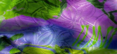 Kalın zıtlıklar ve akışkan şekillere sahip soyut yeşil ve mor kumaş tasarımı dinamik bir bileşim oluşturur..