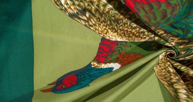 Yeşil zemin üzerinde uçan bir sülünün canlı bir çizimi. Karmaşık tüy detayları ve koyu kırmızı, yeşil ve mavi renkler..