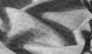 Tekrarlayan üzengimsi deseni olan zarif bir gri pullu kumaş. Lüks kıvrımlar ve pürüzsüz dokular bunu sofistike moda, tasarım veya markalaşma projeleri için ideal bir seçim yapıyor..