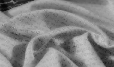 Gri tonlardaki kumaş, zarif kıvrımlarla örülmüş karmaşık üzengi desenlerine sahiptir. Monokrom palet ve pürüzsüz dokular karmaşıklığı çağrıştırıyor..