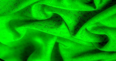 Eşit aralıklarla siyah üzengi sembolleri içeren parlak yeşil bir kumaşın yakın plan çekimi. Kumaşın dokusu, ritmik kıvrımlarıyla birleşince, materyalin sofistike hissini arttırır..