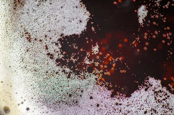 Yüzeye yükselen köpüklü siyah bira ve küçük kabarcıklar. Bu resim biranın köpük ve koyu kehribar rengi arasındaki kontrastı yakalar.