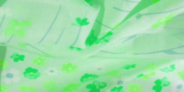 Açık yeşil tonlarda çiçek desenleri içeren esintili yeşil kumaş bulanıklığı. Kumaşın akışkan kumaşı dinamik bir hareket yaratıyor, canlı ve yumuşak dokuyu vurguluyor.