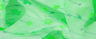 Yeşil ve beyazın farklı tonlarında yumuşak çiçek aksanlı bulanık yeşil kumaş. Kumaşın havadar dokusu ve ince kıvrımları zarif bir akış ortaya çıkarıyor, bahçe temalı projeler için mükemmel..