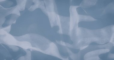 Açık mavi kumaş bulanıklığı rüya gibi, yumuşak odaklı bir doku yaratıyor. Nazik, şeffaf kıvrımlar soyut, barışçıl bir şablon içinde birbirine dokuyor, izleyicide sükunet ve huzuru çağrıştırıyor..