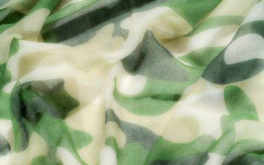 Bu yeşil ve bej kamuflaj kumaşının hassas tabakasını bulanıklaştırmak renklerin uyumlu bir karışımını yaratır. Işık şeffaf kumaştan süzülerek resme derinlik ve yumuşaklık ekler..