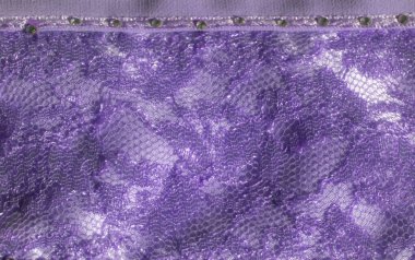 Karmaşık mor dantel, parlak çiçek motifleri ve güzel altıgen örgü arkaplan. Işıldayan yüzey narin tekstile derinlik ve zarafet katar..