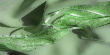 Parlak yeşil dantel kumaş şeritli ve ağ desenli bulanık bir yakın plan. Kumaş küçük mor boncuklarla süslenir, karmaşık ve dekoratif bir tekstil tasarımı yaratır..