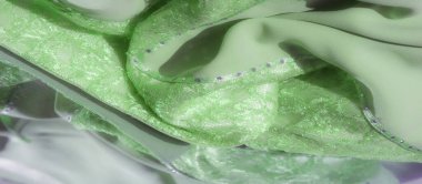 Karmaşık desenler ve altıgen örgü kaplamalı ince yeşil dantel kumaşın bulanık görüntüsü. Kumaşın parlak, dokulu bir yüzeyi var, ince bir parıltıyla vurgulanmış..