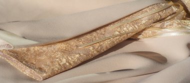 Bej bir yüzey üzerinde duran altın dantelli kumaşın bulanık görüntüsü, ışıldayan ipliklerle, kenarları boyunca uzanan hassas mavi aksanlarla güçlendirilmiş, lüks bir kontrast yaratıyor..