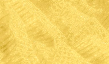 Karmaşık sarı dantel kumaş parıldıyor yumuşak bir parıltıyla, narin dokular ve ince bir parıltı katmanlı tasarım ışığı güzel bir şekilde yakalayan zarif, akışkan bir etki yaratıyor.
