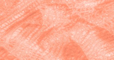 İnce şeftali dantelli kumaş bulanıklığı. Karmaşık meshwork 'ünü ve ışık parıltısını gösteriyor. Katlar, lüks tekstil ve moda projeleri için mükemmel bir doku oluşturuyor..
