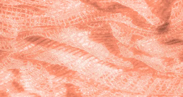 Karmaşık mercan dantelli kumaş bulanıklığı örtüşen örgü iplikleri ve parlak yüzeyi vurguluyor. Yayılmış ışıklandırmayla aydınlatılmış yarı şeffaf görünümlü yumuşak doku.