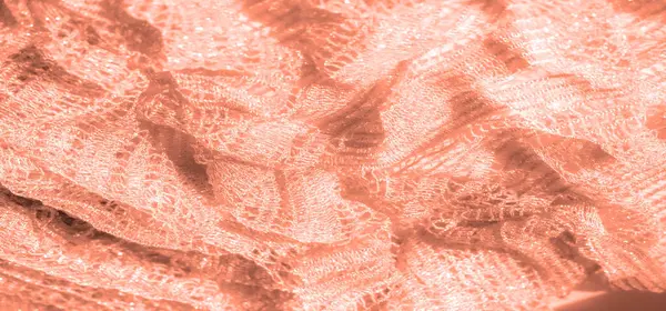 Mercan dantelli kumaşın bulanık görüntüsü, yumuşak ve karmaşık bir desen ve ince parlak detaylar. Ağımsı yapı derinlik ve boyut ekler, kumaşı hafif ve zarif yapar..