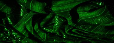 Karmaşık parlak desenli, dokulu yeşil bir kumaş, büyüleyici ve soyut bir estetik yaratıyor. Parlak detaylar kumaşın karmaşıklığını ve zarafetini katlar.