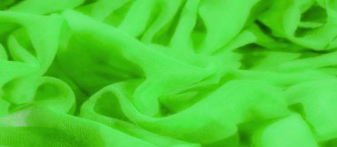 Parlak yeşil kumaşın bulanık kıvrımları zarif bir şekilde kıvrılarak canlı ve canlı bir doku oluşturuyor. Yumuşak madde düz kıvrımlar oluşturur, soyut arkaplana derinlik ve hareket ekler.