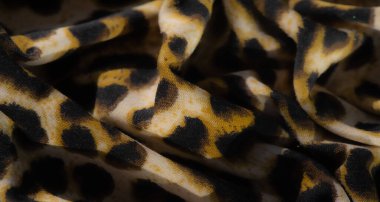 Pürüzsüz, yumuşak bir kumaşta siyah ve altın renkli leopar desenli bulanıklık. Kumaşın lüks dokusu onu cesur moda ve iç tasarımlar için ideal kılıyor, modern ortama uyum sağlıyor.